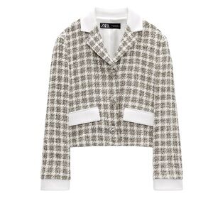 Brand New Zara Women's Tweed Cropped Houndstooth Blazer with Button Detail